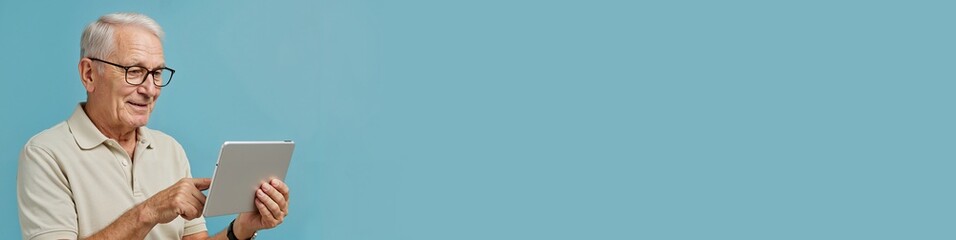 Elderly man looking puzzled while using tablet against blue background  