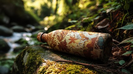Obraz premium eco bottle mockup resting on moss-covered stone by mountain stream, dappled forest light