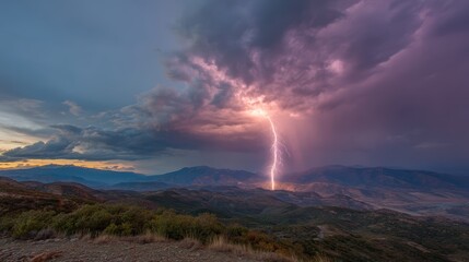 Fototapeta premium lightning bolt cutting through dramatic thunderclouds above mountain ridge