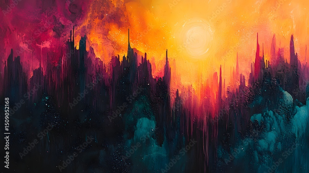 Poster An abstract theme showcases vivid color palettes, creating a captivating scene and evoking a sense of mystery and wonder. The dynamic contrast offers depth and visual impact.