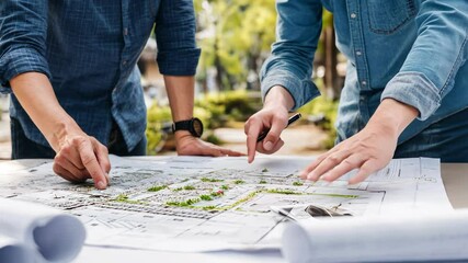 Two people reviewing blueprint, city planning and architecture outdoors. Business meeting and collaboration with urban development plan. - Powered by Adobe