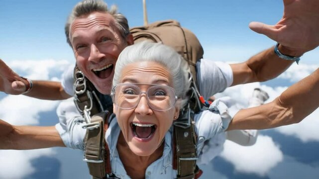 Skydiving Delight: Capturing the exhilarating moment as a senior couple experiences the thrill of skydiving, soaring through the boundless sky with pure joy and unadulterated excitement.