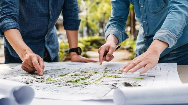 Two people reviewing blueprint, city planning and architecture outdoors. Business meeting and collaboration with urban development plan. - Powered by Adobe