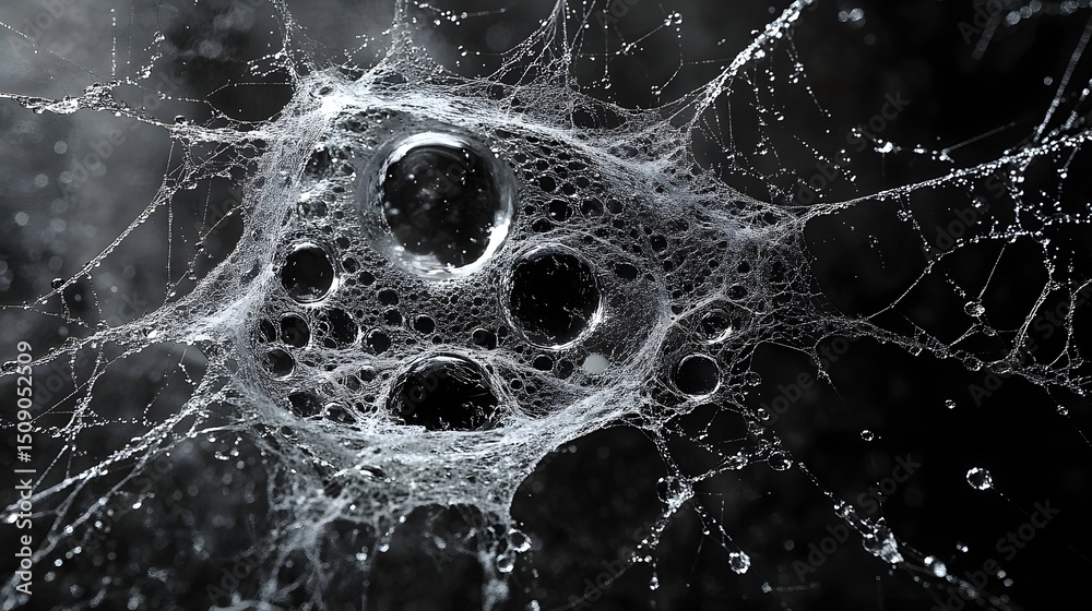 Poster Abstract theme showing glistening water droplets clinging to a delicate cobweb against a stark, dark backdrop. The interplay of light and shadow creates an ethereal, artistic view.