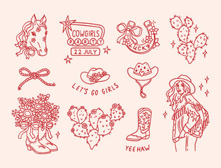 Cowboy set of horseshoe, horse, sunflowers, boots, hats, sign, rope bow, cacti, girl, coquette bow ribbon, heart, hand drawn phrases. Wild West decor for holiday card, party invitation