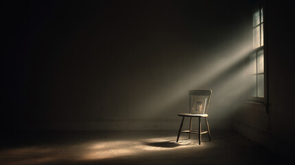 Empty wooden chair with vintage picture placed on seat in quiet room, conveying solitude, nostalgia and emotional memories of missing someone special.
