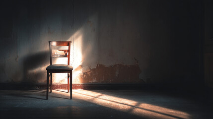 Empty wooden chair with vintage picture placed on seat in quiet room, conveying solitude, nostalgia and emotional memories of missing someone special.
