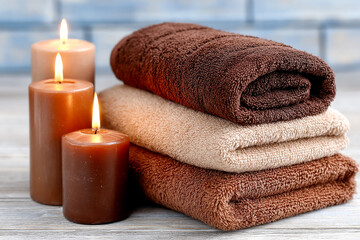 Spa relaxation brown beige towels candles aromatic therapy wellness
