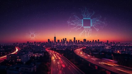 Smart city skyline with AI overlay. - Powered by Adobe