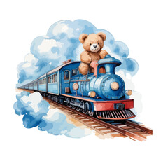 Cute teddy bear riding a train, in blue colors - vector watercolor illustrations for Babyshower for boy, for birthday	
