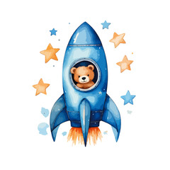 Bear flies on a rocket, in blue colors - vector watercolor illustrations for Babyshower for boy, for birthday	
