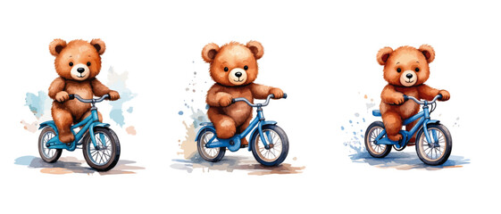 Bears riding a bike, in blue colors - vector watercolor illustrations for Babyshower for boy, for birthday	
