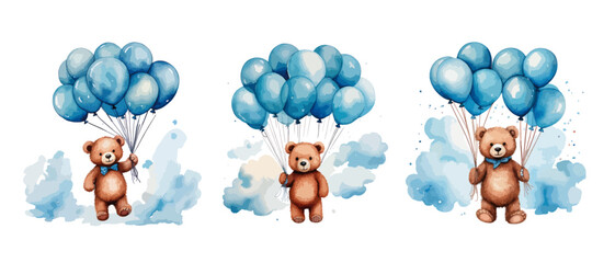 Bears flying on balloons, in blue colors - vector watercolor illustrations for Babyshower for boy, for birthday	
