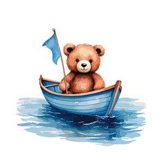Cute bear sailing on a boat holding a flag, in blue colors - vector watercolor illustrations for Babyshower for boy, for birthday	
