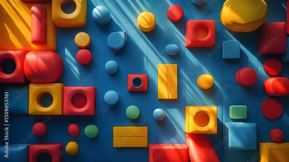 Poster A vibrant abstract background with geometric shapes creates a playful and dynamic visual. The primary colors and shadows add depth and character, ideal for versatile designs and concepts.