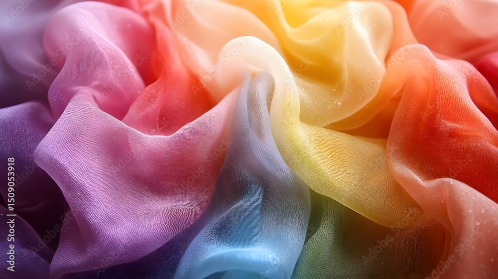 Poster an abstract theme of multicolored chiffon fabric, gracefully draped to create soft, flowing shapes. 