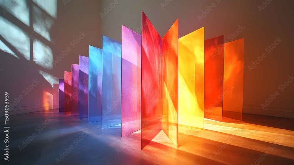 Poster Abstract theme featuring a mesmerizing array of vibrant glass panels, from cool blues and purples to warm reds and oranges, bathed in soft, natural light, creating spectrum.