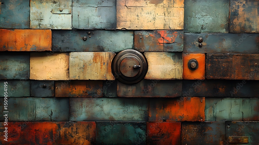 Poster detailed, textured wall of multi-colored blocks with interesting, distressed and aged surface detail