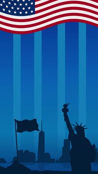 American flag, Statue of Liberty, World Trade Center skyline. Patriotic, New York City, USA, landmarks, patriotism, unity, remembrance, memorial, travel, tourism.