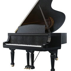 A detailed, eye-level shot captures a glossy black grand piano with an open lid and delicate keys. Its presence creates a visual symphony of art.