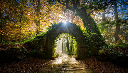 enchanted forest gateway illuminated by magical light