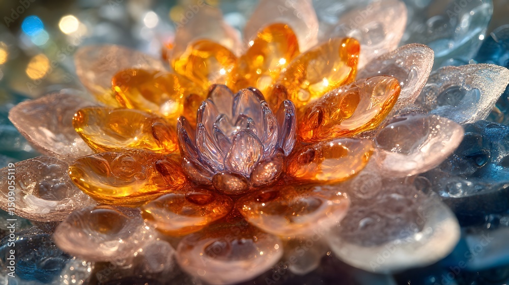 Poster A captivating abstract design featuring glass petals in hues of gold and blue. The central lotus form shines with artistic flair, creating a visually stunning abstract theme.