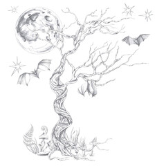 Fantasy tree against the background of a huge moon. Isolated pencil illustration for coloring books, greeting cards, Halloween theme parties, fabric printing, interior design.