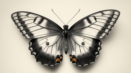 A minimalist, symmetrical butterfly with intricate yet clean wing details, set against a simple background. 