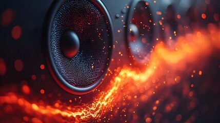 A captivating abstract representation of sound and energy, focusing on a sleek speaker with fiery visual effects. Perfect for showcasing audio or technology, this image evokes an abstract theme.