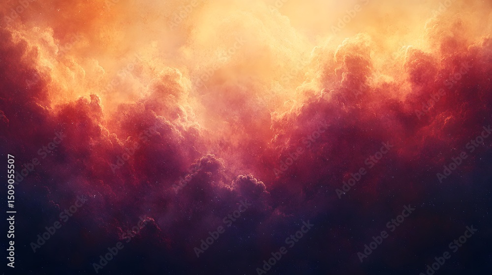 Poster abstract theme featuring dreamy clouds with a fiery orange and red glow, suggesting a cosmic sunset 