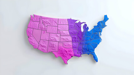 Three Dimensional Textured Map of the United States in Pink, Purple and Blue