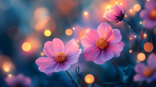 A beautiful floral display featuring pink cosmos flowers against a bokeh light background suggests a serene and abstract theme, capturing the essence of natural beauty and light.