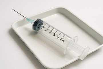 Distinct medical syringe on a tray ready for use in a clinical setting