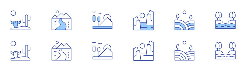 Landscape icon set in two styles, Duotone and Thin Line style. Editable stroke. desert, fiord, river, field, nature