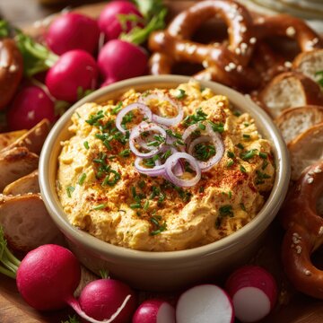 Bavarian Obatzda with onions, radishes, and pretzel slices