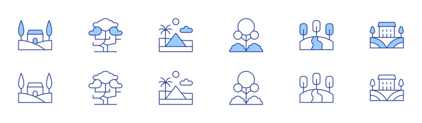 Landscape icon set in two styles, Duotone and Thin Line style. Editable stroke. landscape, park, tree, hills, desert, tuscany