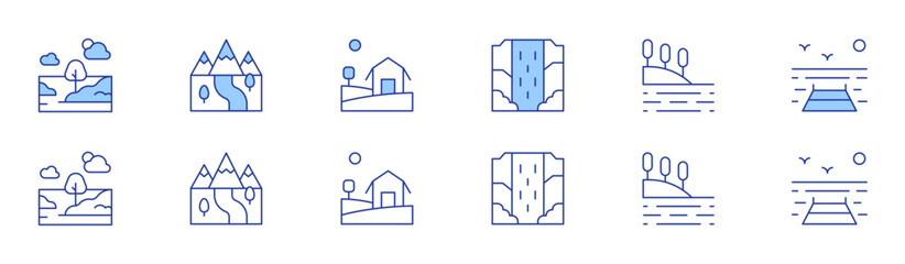 Landscape icon set in two styles, Duotone and Thin Line style. Editable stroke. landscape, waterfall, route, bay, farm, pier