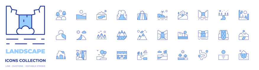Landscape icons collection. Line Duotone style, editable stroke. desert, iceberg, mount kenya, waterfall, waterfalls, landscape, forest, national park, lake, plantation, river, path, cave