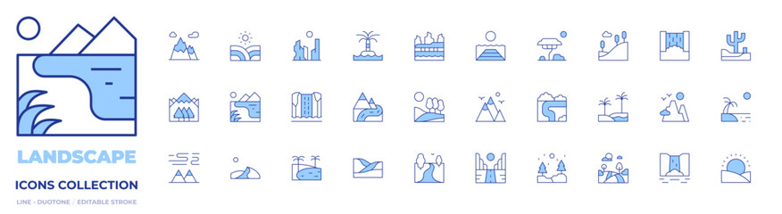 Landscape icons collection. Line Duotone style, editable stroke. mountains, lake, waterfall, dunes, torres del paine, mountain, river, oasis, beach, north pole, field, canyon, hill, pier, savannah