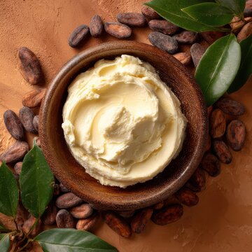 Cocoa butter cream in wooden bowl with cocoa beans on warm background