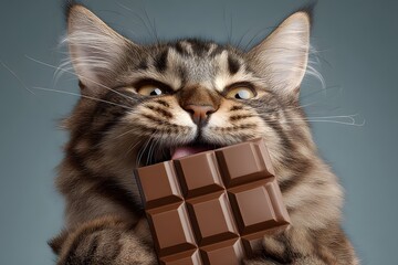 A fluffy gray cat with wide eyes and perked ears is holding a bar of chocolate in its paws against a plain background.