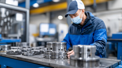 Factory worker with safety mask inspecting precision metal components