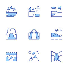 Landscape icons set. Line Duotone style, editable stroke. national park, lake, landscape, field, mountain, waterfall, cave, cliff