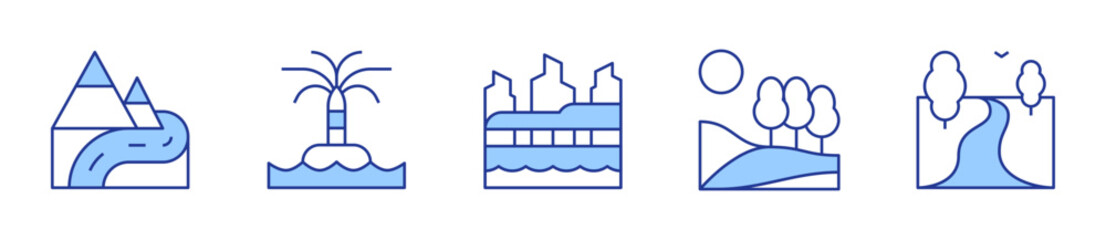 torres del paine, river, hill, island. Landscape Icon vector illustration. Line Duotone style. Editable stroke