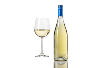 White wine bottle & glass isolated on black. Elegant alcohol beverage. Studio product photo. Modern.