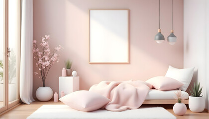 minimalist modern bedroom with calm and cozy vibe. Scandinavian style, double bed, lamp, curtain, and sunlights. Simplistic 