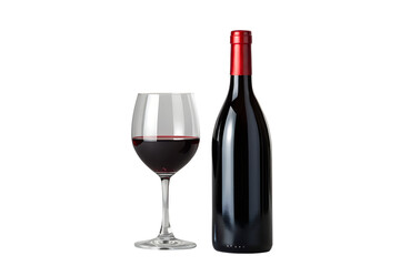 Red wine bottle & glass isolated on white. Elegant alcohol beverage. Classic drink. Product photo.