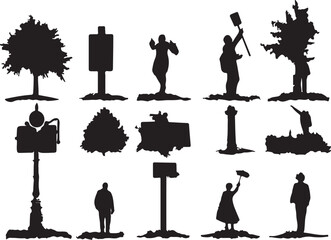 Silhouette Vector Art: Trees, People, Signs, & Street Lights - Urban Landscape Graphics