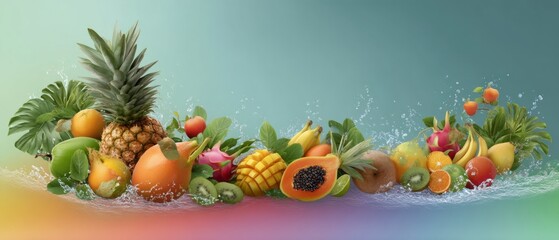 Lively array of tropical fruits with splashing water effect for summer display