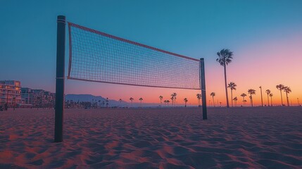 Beach volleyball net at sunset